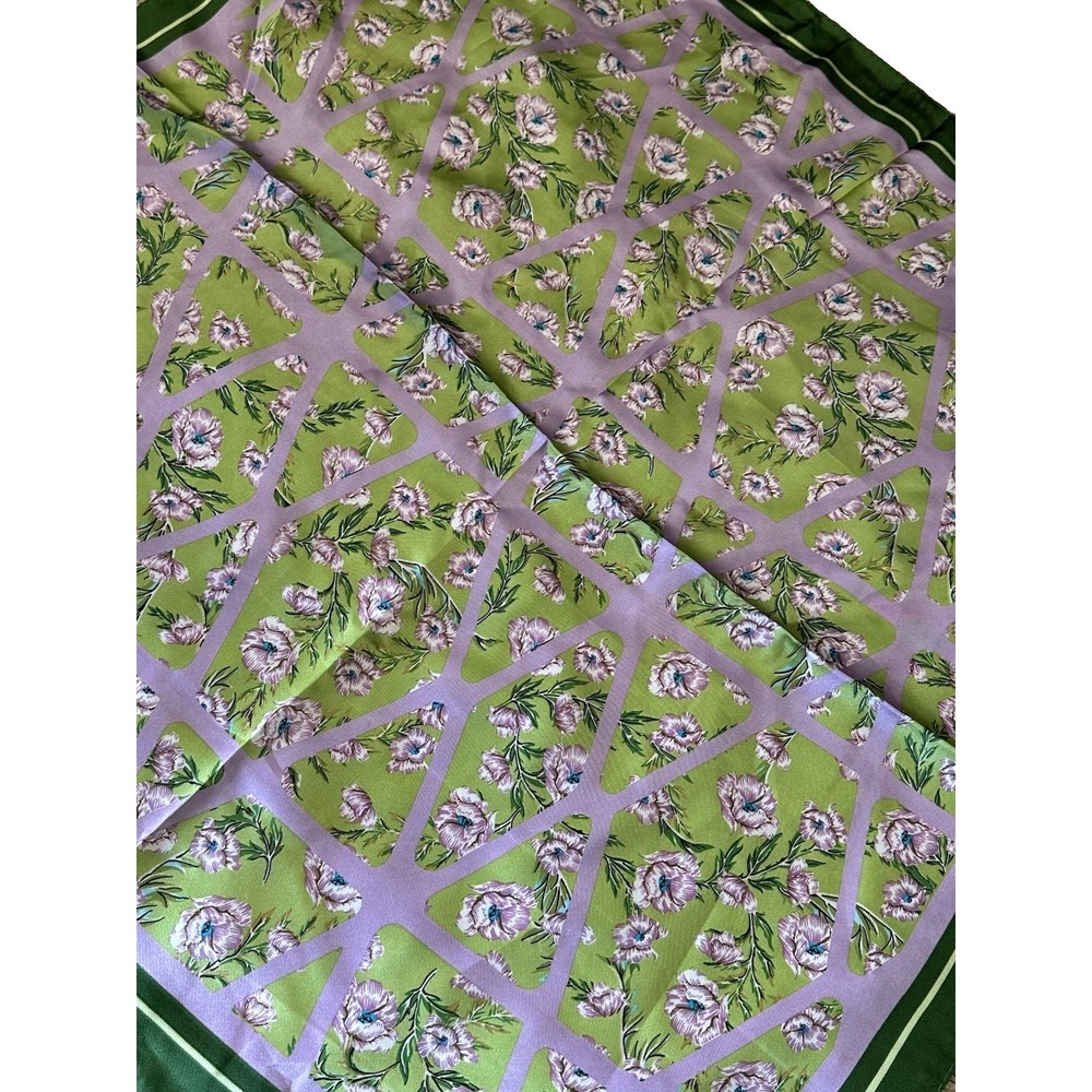 Floral Geometric Square Scarf Green Purple Satin Feel Trellis Hair Bandana